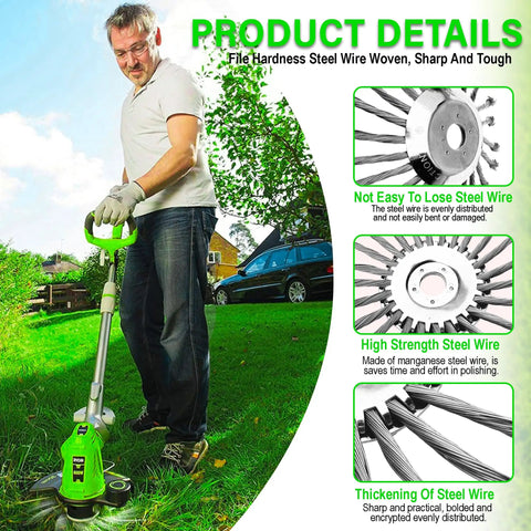 Man using 10 Inch Steel Wire Trimmer Head With Universal Fit For Popular String Trimmers Tough As Nails Wire Brush Cutter Head For Lawn And Garden Heavy Duty Wacker Attachment on lawn