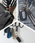Top Shelf Leather Car Keychain For Men Featuring A Secure Threaded D Ring And Tough Quick Release Loop, shown on bag and jeans.