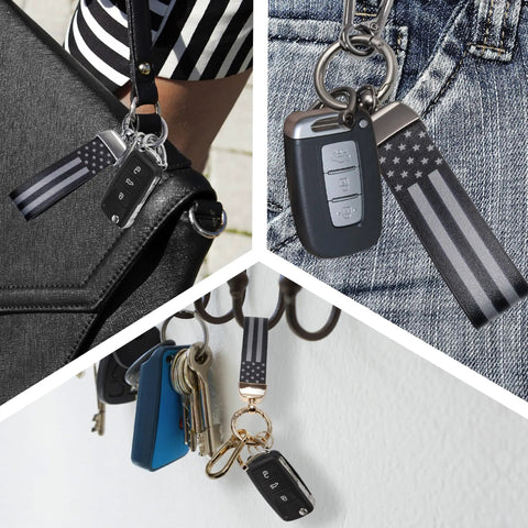 Top Shelf Leather Car Keychain For Men Featuring A Secure Threaded D Ring And Tough Quick Release Loop, shown on bag and jeans.