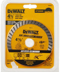 Heavy Duty 4.5 Inch Angle Grinder With 11 Amp Motor And Paddle Switch, Built Like A Pro Workhorse For Heavy Lifting With 11000 Rpm Torque And Cool Blast Dust Ejection, No Sweat Wet Or Dry Cutting With Diamond Blade And 7/8 Inch Arbor, DeWALT 4.5 inch diamond blade in packaging.
