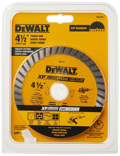 Heavy Duty 4.5 Inch Angle Grinder With 11 Amp Motor And Paddle Switch, Built Like A Pro Workhorse For Heavy Lifting With 11000 Rpm Torque And Cool Blast Dust Ejection, No Sweat Wet Or Dry Cutting With Diamond Blade And 7/8 Inch Arbor, DeWALT 4.5 inch diamond blade in packaging.