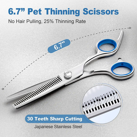 Titanium Coated Pro 6 In 1 4CR Stainless Steel Dog Grooming Scissors With Safety Round Tip Heavy Duty Pet Grooming Shears For Dogs Cats And Other Animals 6.7-inch thinning scissors