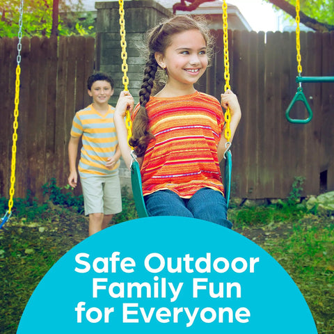 Child playing on Heavy Duty Swing Seat Replacement Kit With Chains For Outdoor Swing Sets Backyard Playground Accessories