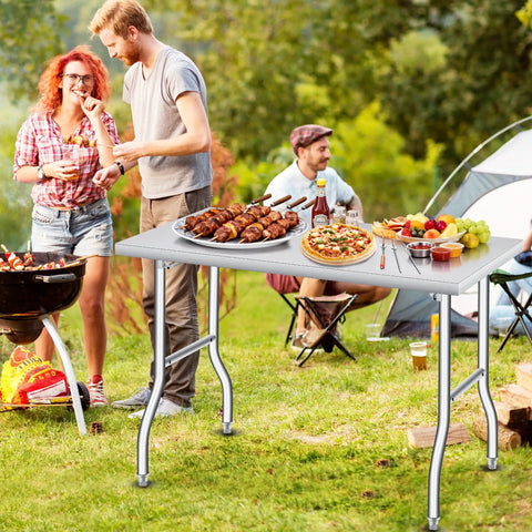Foldable Stainless Steel Table 48x30 Inch Rock Solid Heavy Duty Portable Workstation for kitchen prep with barbecue setup