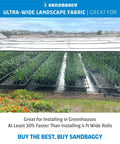 Extra Wide 10 Foot By 200 Foot Landscape Fabric Roll For Weed Barrier And Ground Cover In The Garden Industrial Grade UV Protected 135 Lb Tensile Strength DOT Approved Heavy Duty Weed Control Easy Install installed in greenhouse.