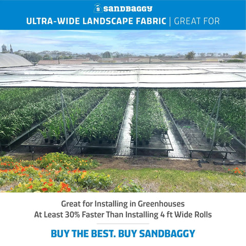 Greenhouse setup with 15 Ft Wide By 100 Ft Long Landscape Fabric Roll For Weed Barrier And Ground Cover, covering plant rows.