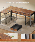 55 Inch L Shaped Desk With Power Outlets, USB Port And Type C Port, Big Computer Gaming Desk With Fabric Drawers, dimensions shown