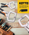 Heavy Duty Locking C-Clamp Set 6, 9, 11 Inch With Swivel Tips And Storage Bag on wooden surface with tools