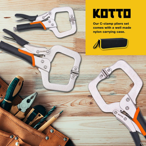 Heavy Duty Locking C-Clamp Set 6, 9, 11 Inch With Swivel Tips And Storage Bag on wooden surface with tools