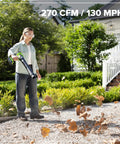 Tackle Stubborn Weeds Fast With This Heavy Duty 24V Brushless String Trimmer And 270 Cfm Electric Leaf Blower Combo Plus Reliable 20 Ah Battery Pack For Epic Yard Hustle, user operating leaf blower.