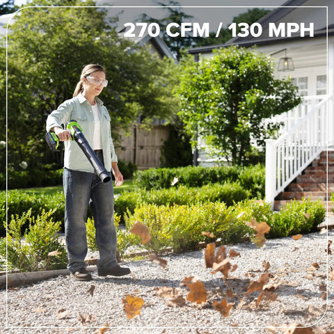 Tackle Stubborn Weeds Fast With This Heavy Duty 24V Brushless String Trimmer And 270 Cfm Electric Leaf Blower Combo Plus Reliable 20 Ah Battery Pack For Epic Yard Hustle, user operating leaf blower.