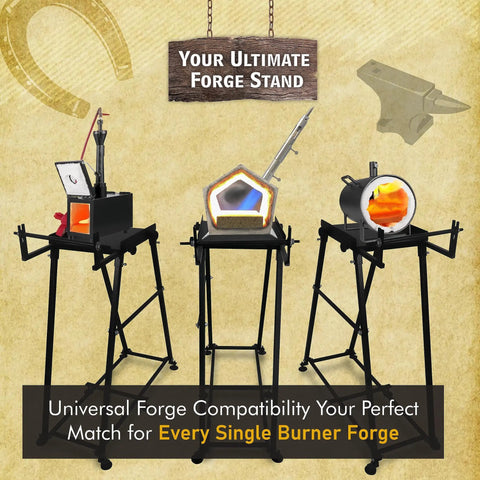 Forge Starter Kit Stand for single burner blacksmith kits with steel propane forge and anvils on display