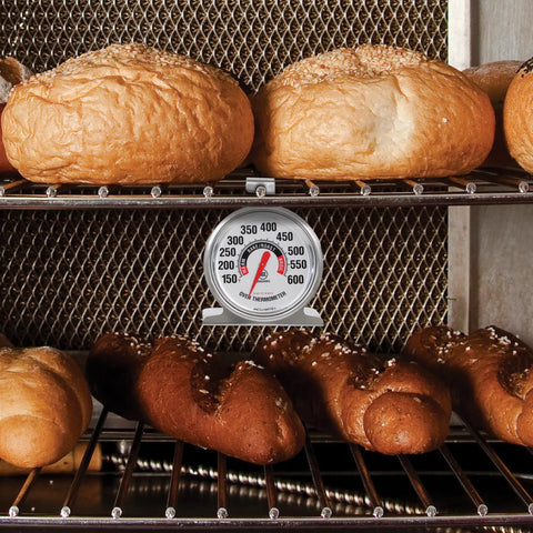 Stainless Steel Oven Thermometer 150 to 600 F Leave-In Safe for Oven and Grill with pretzels and rolls, accurate temperature baking
