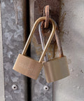 Two padlocks on a metal door hasp; brass SEDORTI 40mm lock and a copper-toned padlock.