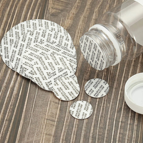 PATIKIL 51mm foam lid liner discs and pressure-sensitive tamper seal, 50-pack, shown beside a clear bottle.
