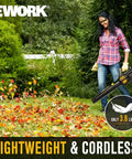 Person using Cordless Leaf Blower 550 CFM 150 MPH Turbo Power With Dual 4.0Ah Batteries And Fast Charger in garden