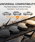 Premium 4 Pack Wheel Center Caps Universal Fit For Cars Trucks 2.36 Inch Snap In Rim Hub Covers Tough Abs Plastic Black on a road.