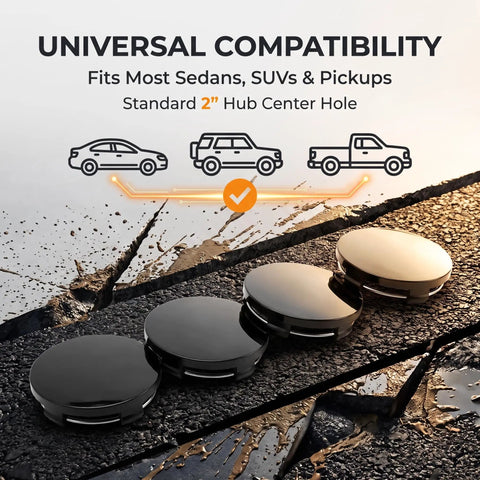 Premium 4 Pack Wheel Center Caps Universal Fit For Cars Trucks 2.36 Inch Snap In Rim Hub Covers Tough Abs Plastic Black on a road.