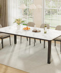 Killer Quality 79 Inch Wooden Dining Table For 6 To 8 Folks Featuring A Sturdy Rectangular Design And Rich Woodgrain Texture Creating A Prime Kitchen Hangout Spot, with marble top and black legs.
