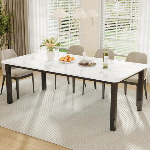 Killer Quality 79 Inch Wooden Dining Table For 6 To 8 Folks Featuring A Sturdy Rectangular Design And Rich Woodgrain Texture Creating A Prime Kitchen Hangout Spot, with marble top and black legs.