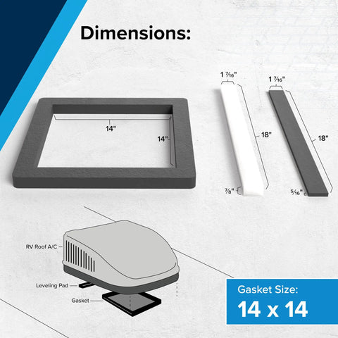 RV Camper Roof AC Gasket Kit 14 Inch By 14 Inch With Waterproof Compression Seal Self Adhesive Picture Frame Gasket And Leveling Pads Three Piece Set For Roof Mounted Air Conditioner showing gasket and pads dimensions