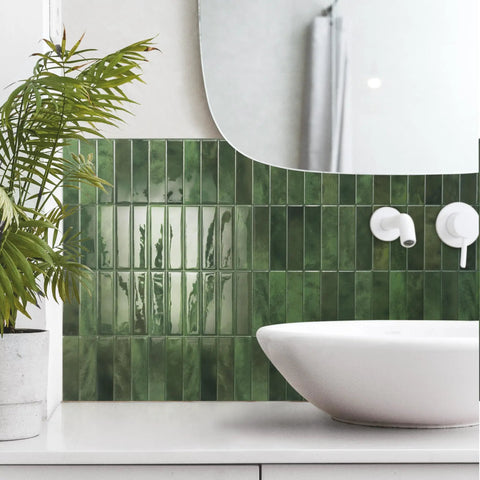 Peel And Stick Backsplash Tile Set, 5 Sheets Of 11.43 X 9 Inches, 3D Adhesive, No Glue Needed, Quick Install For Kitchen And Bathroom, Sefrou Green Finish behind a white sink in a modern bathroom setting.
