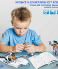Child assembling 13 In 1 Solar Powered Robot Kit For Kids Aged 8 To 12, Hands On STEM Educational Toy Set with instruction manual.
