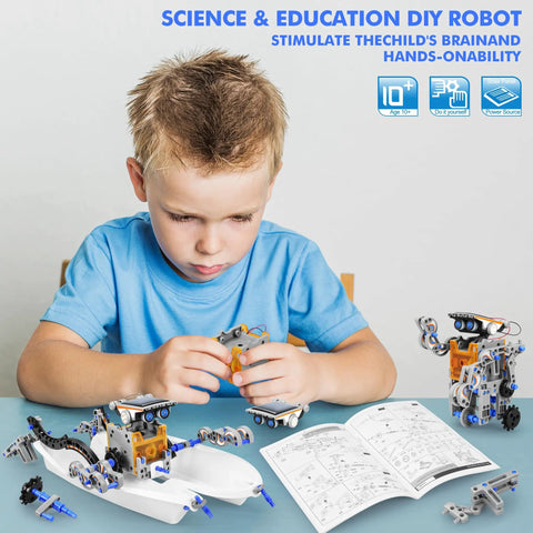 Child assembling 13 In 1 Solar Powered Robot Kit For Kids Aged 8 To 12, Hands On STEM Educational Toy Set with instruction manual.
