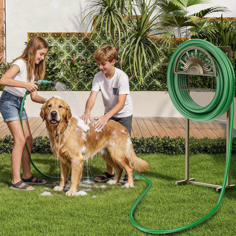 Children washing a dog with Freestanding Garden Hose Reel Stand With Storage Basket And Two Hooks, Holds 150 Ft Of 5/8 Inch Hose