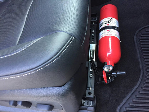 Adjustable Fire Extinguisher Bracket For Most Vehicles, Lets You Clamp Onto Seat Rails Or Bolt To Seat Mounts, Compatible With H3R HG250 Or Amerex B417T And B385TS Cradles, installed under car seat next to extinguisher