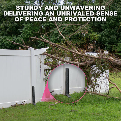 Heavy Duty Fence Post Repair Kit for 4x4 and 6x6 wood posts shown stabilizing a leaning fence in garden setting