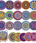 Diamond Art Coasters Kit With Holder For Grownups And Beginners, 20 Mandala Style Coasters, 12 Cork Bases, colorful designs.