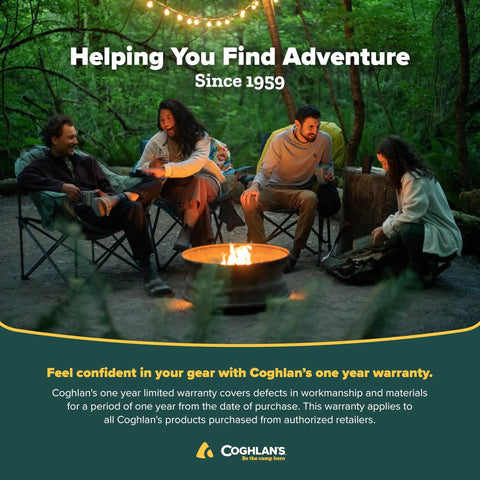 Group of people camping with a bonfire, surrounded by trees and string lights at night.