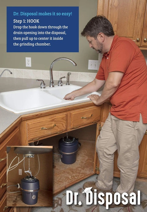 Man using heavy duty steel garbage disposal installation tool under kitchen sink