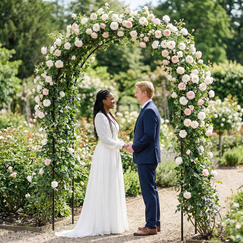 Couple under Sturdy Garden Pergola Arbor Arch Trellis With 55 Inches Wide And 94.5 Inches Tall Built To Last, flower-adorned.