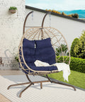 Double Swing Egg Chair With Stand For Patio And Balcony, Two Person Cozy Rattan Wicker Hanging Basket Chair With UV Cushions