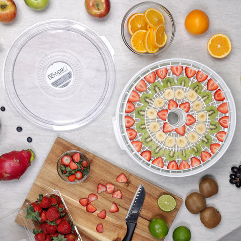 Smooth Operator Digital Electric Food Dehydrator With Stackable Trays, sliced fruits arranged on racks, strawberries, kiwi, and bananas.