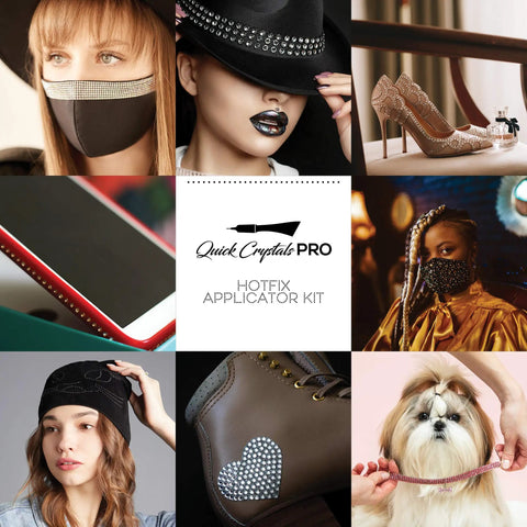 Collage of hotfix rhinestone bedazzler kit applications on clothing, shoes, phones, and dog collar.