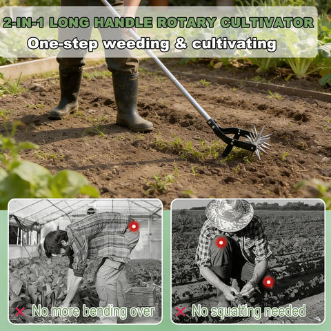 Person using Garden Rotary Cultivator With 67 Inch Adjustable Handle And Durable Star Tines A 2 In 1 Weeding And Tilling Hand Tiller