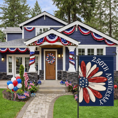 Patriotic 250th Anniversary USA Garden Flag 1776 To 2026 Double Sided Waterproof 12x18 Inch Commemorative Flag displayed in front yard