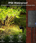 All In One Outdoor Landscape Lighting Kit With Eight 5W LED Spotlights, waterproof transformer by a lit bush at night