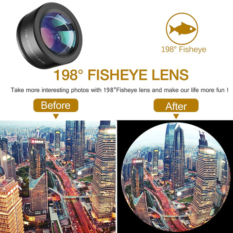 198° fisheye lens from 3 In 1 Phone Lens Kit For Android With 198 Degree Fisheye, 120 Degree Wide And Macro - Clip-On Cell Phone Lenses For Samsung Galaxy And More, Aluminum Build For Crisp, Creative Shots On The Go, showcasing before and after cityscape shots.