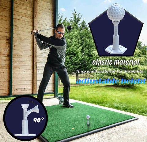 Golfer using adjustable unbreakable rubber golf tees for mats and practice, range ready for driving range and golf simulators.