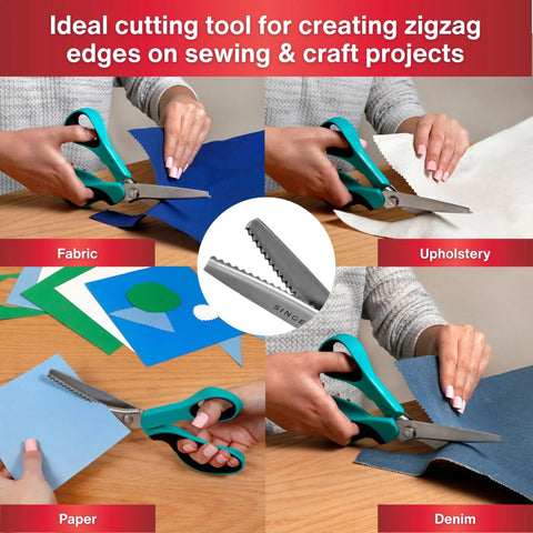 ProGrade 9 Inch Pinking Shears Stainless Steel No Fray Zigzag Cut For Clean Edges And Long Lasting Sewing Projects From Garments To Quilts Featuring Precision Edge Control And Durable Comfortable Grip teal handle cutting fabric, paper, denim