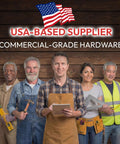 Group of diverse workers in front of wood wall, USA-based supplier commercial-grade hardware sign above.