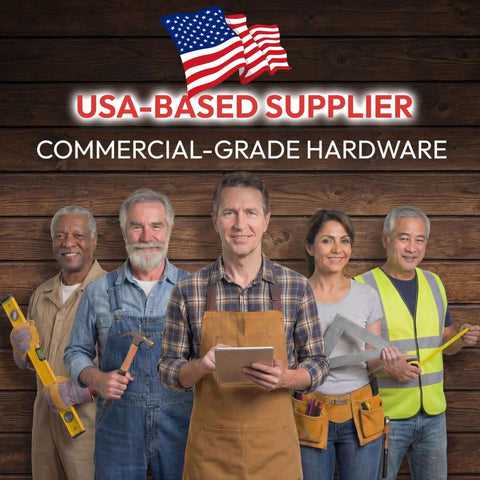 Group of diverse workers with tools under USA-based supplier commercial-grade hardware sign