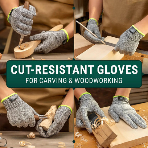 Cut Resistant Wood Carving Gloves Level 5 For Whittling, Woodworking And Food Prep, displayed during wood carving tasks.