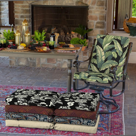 All Weather Outdoor Midback Chair Cushion In Onyx Cebu, 18 x 16.5 Inch Seat Pad And 18 x 20 Inch Back Pad, stacked on outdoor rug.
