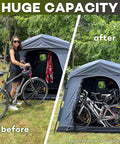 All Weather Outdoor Bike Storage Tent And Gear Shelter Extra Large Portable Waterproof Shed shown with 3 bikes inside.