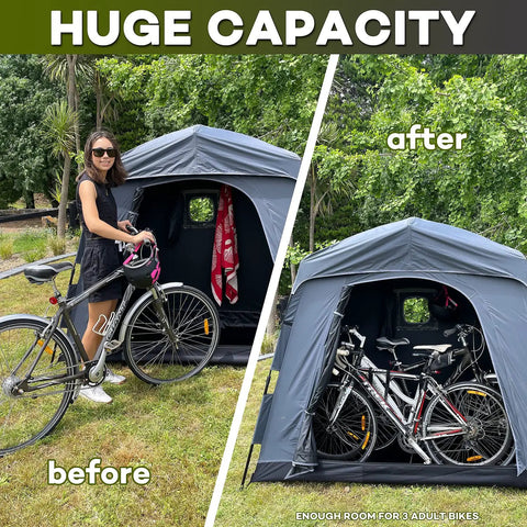 All Weather Outdoor Bike Storage Tent And Gear Shelter Extra Large Portable Waterproof Shed shown with 3 bikes inside.
